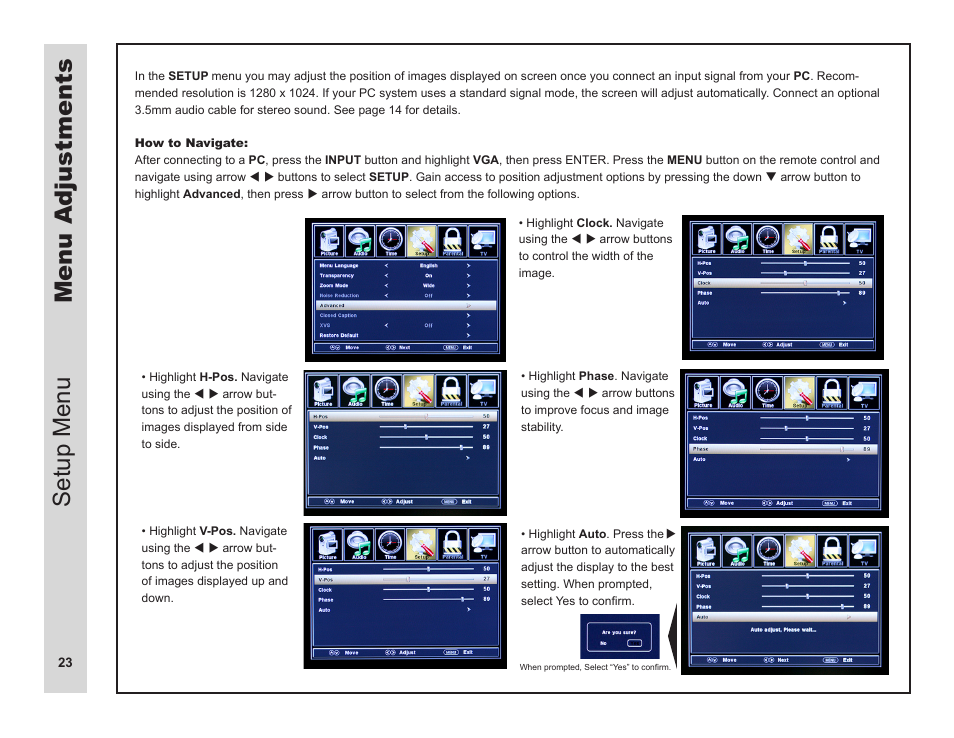 Menu adjustments, Setup menu | Apex Digital LD3249 User Manual | Page 24 / 32