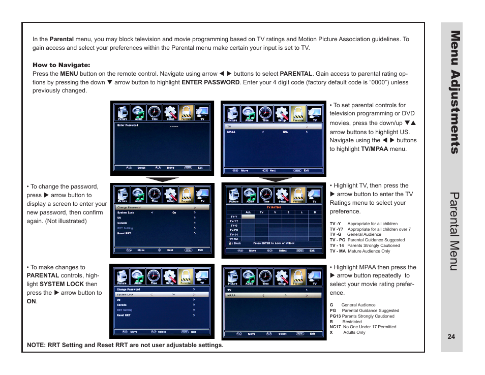 Menu adjustments, Parental menu | Apex Digital LD3249 User Manual | Page 25 / 32