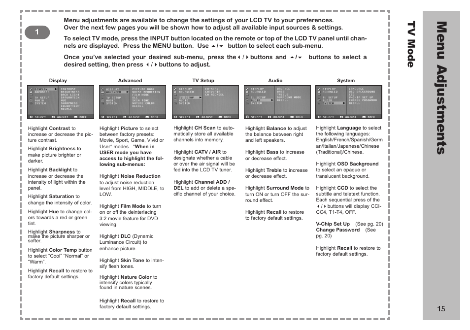 Men u a dju st m en ts, Tv m od e | Apex Digital AVL 2778 User Manual | Page 15 / 26