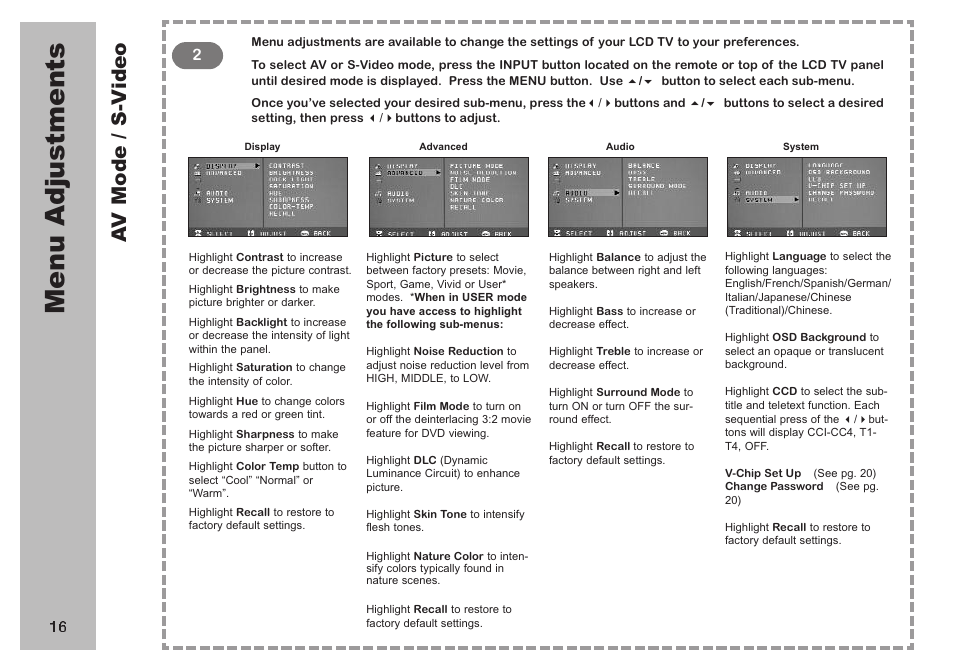Men u a dj us tm en ts, Av m od e / s -v id eo | Apex Digital AVL 2778 User Manual | Page 16 / 26