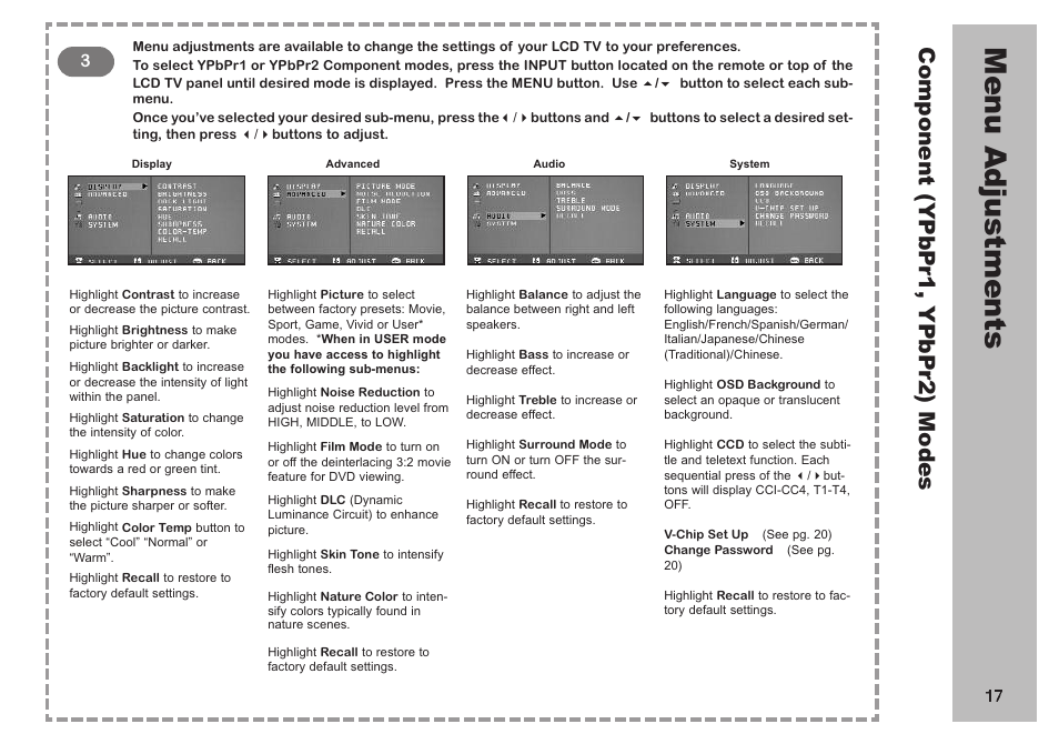 Men u a dju st m en ts, Com po ne nt (y pb pr 1, y pb pr 2) m od es | Apex Digital AVL 2778 User Manual | Page 17 / 26