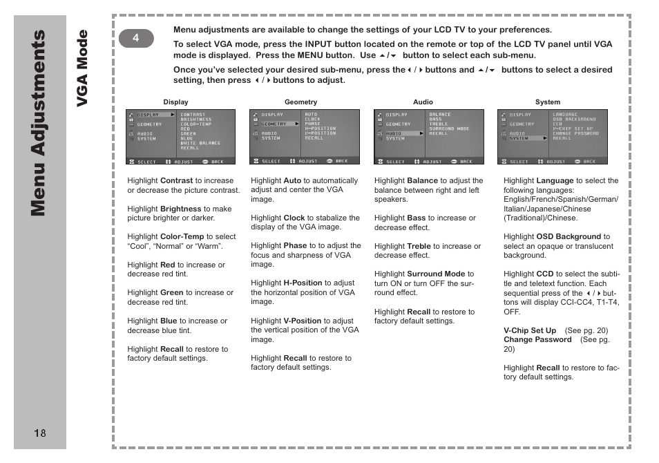 Men u a dj us tm en ts, Vg a m od e | Apex Digital AVL 2778 User Manual | Page 18 / 26