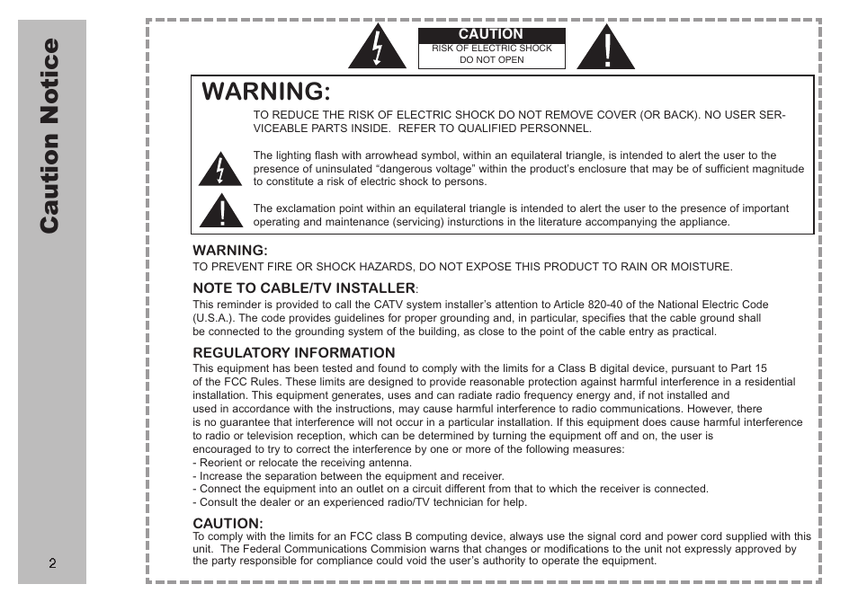 Cau ti on n ot ic e, Warning | Apex Digital AVL 2778 User Manual | Page 2 / 26