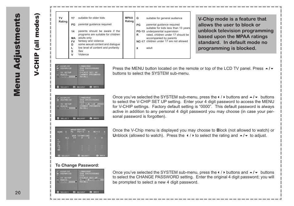 Men u a dj us tm en ts, V-c h ip ( al l m od es ) | Apex Digital AVL 2778 User Manual | Page 20 / 26