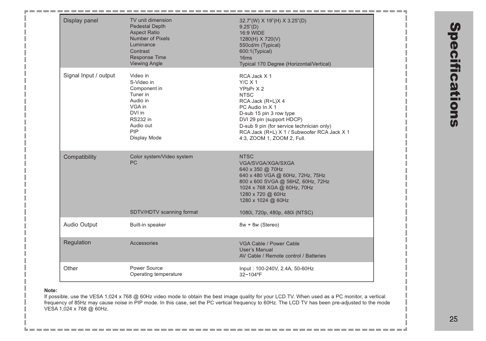 Sp ec ific at io ns | Apex Digital AVL 2778 User Manual | Page 25 / 26