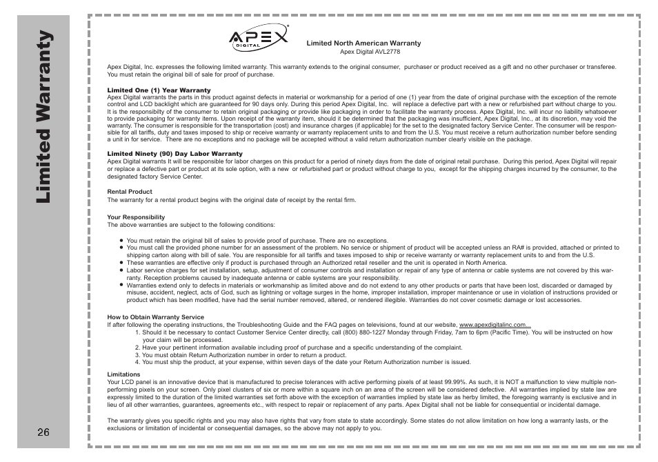 Li m it ed w ar ra nt y | Apex Digital AVL 2778 User Manual | Page 26 / 26