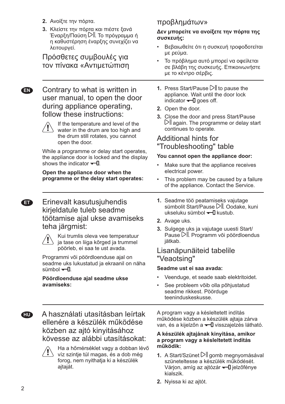 Additional hints for "troubleshooting" table, Lisanäpunäiteid tabelile "veaotsing | AEG L76285FL User Manual | Page 2 / 8