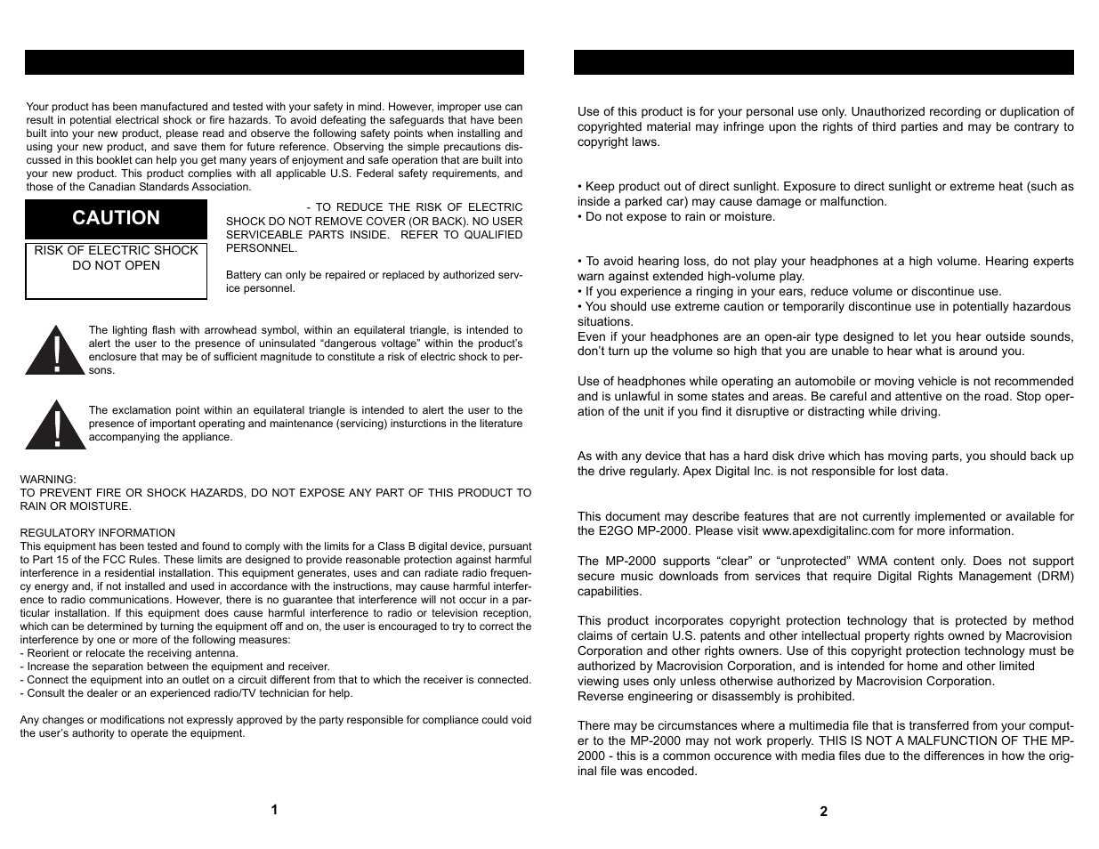 Caution, Important information (cont.), Important information | Apex Digital MP2000 User Manual | Page 2 / 21
