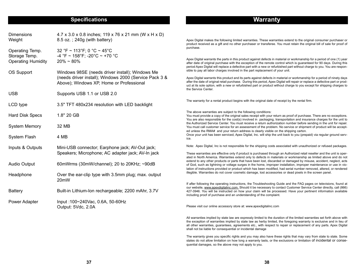 Warranty, Specifications | Apex Digital MP2000 User Manual | Page 20 / 21