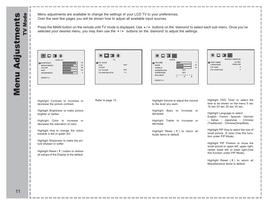 Menu adjustments, Tv mode | Apex Digital AVL-2076 User Manual | Page 12 / 21