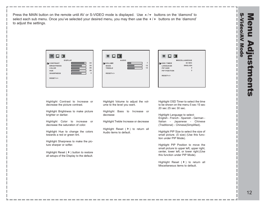 Menu adjustments, S-v ideo/a v mode | Apex Digital AVL-2076 User Manual | Page 13 / 21