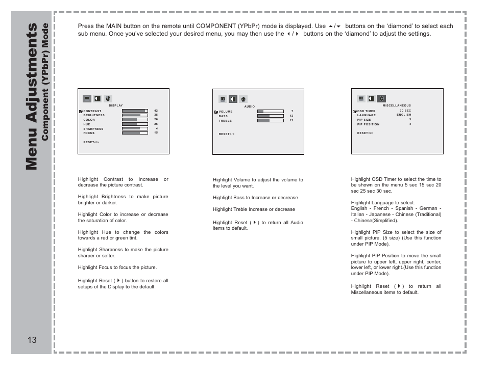 Menu adjustments, Component (ypbpr) mode | Apex Digital AVL-2076 User Manual | Page 14 / 21