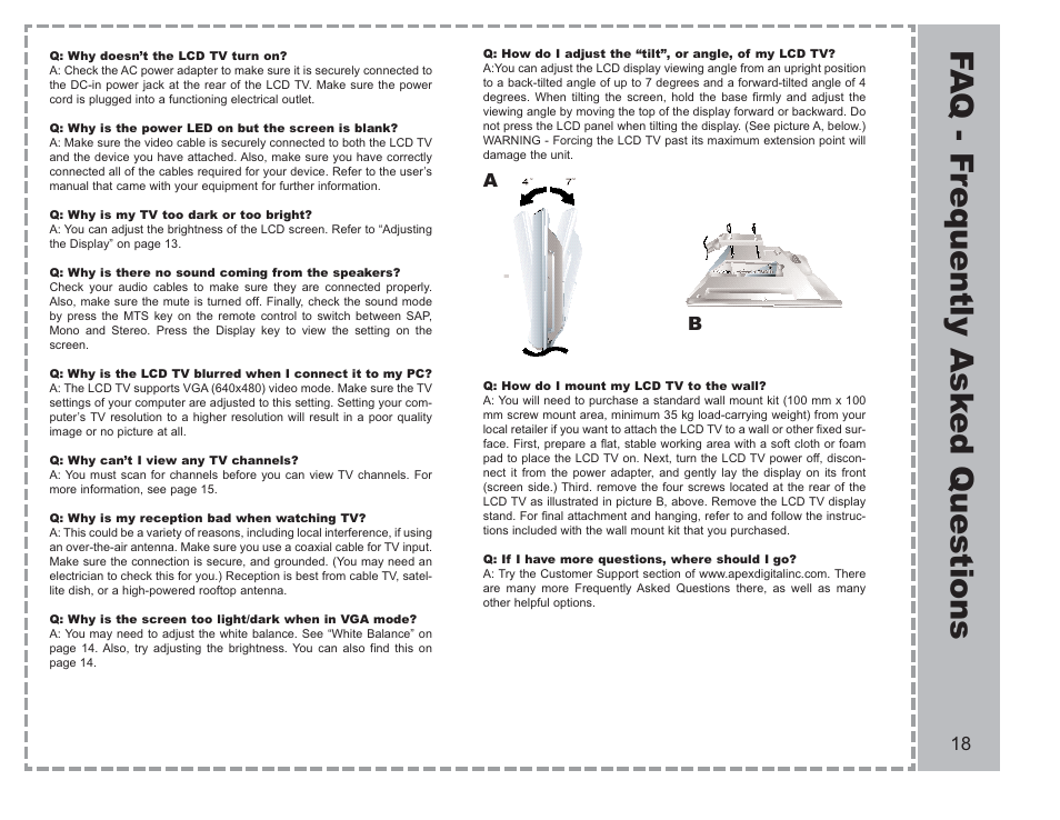 Fa q - f requentl y ask ed questions | Apex Digital AVL-2076 User Manual | Page 19 / 21