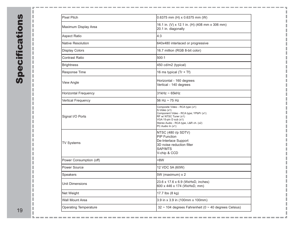 Specifica tions | Apex Digital AVL-2076 User Manual | Page 20 / 21