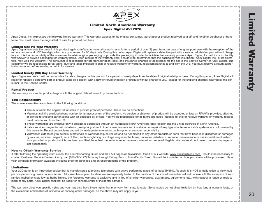 Apex Digital AVL-2076 User Manual | Page 21 / 21