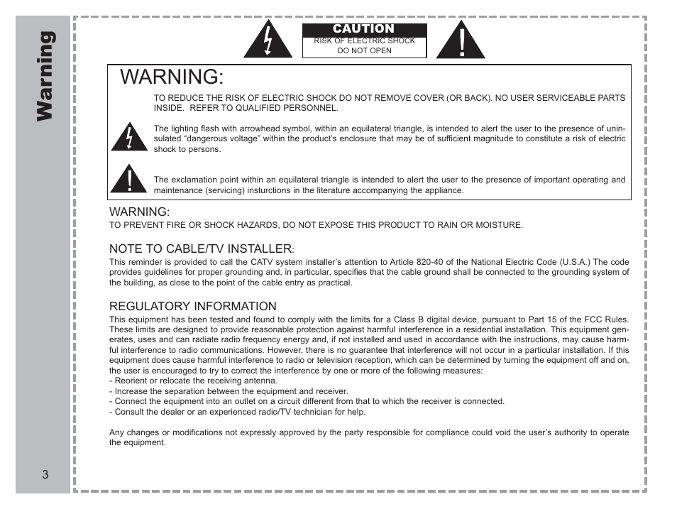 Wa r ning, Warning | Apex Digital AVL-2076 User Manual | Page 4 / 21