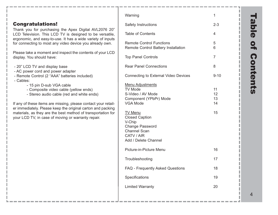 Ta ble of contents | Apex Digital AVL-2076 User Manual | Page 5 / 21