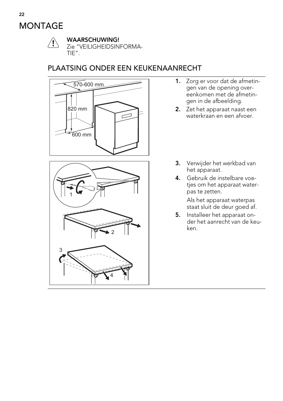 Montage, Plaatsing onder een keukenaanrecht | AEG F77012W0P User Manual | Page 22 / 92