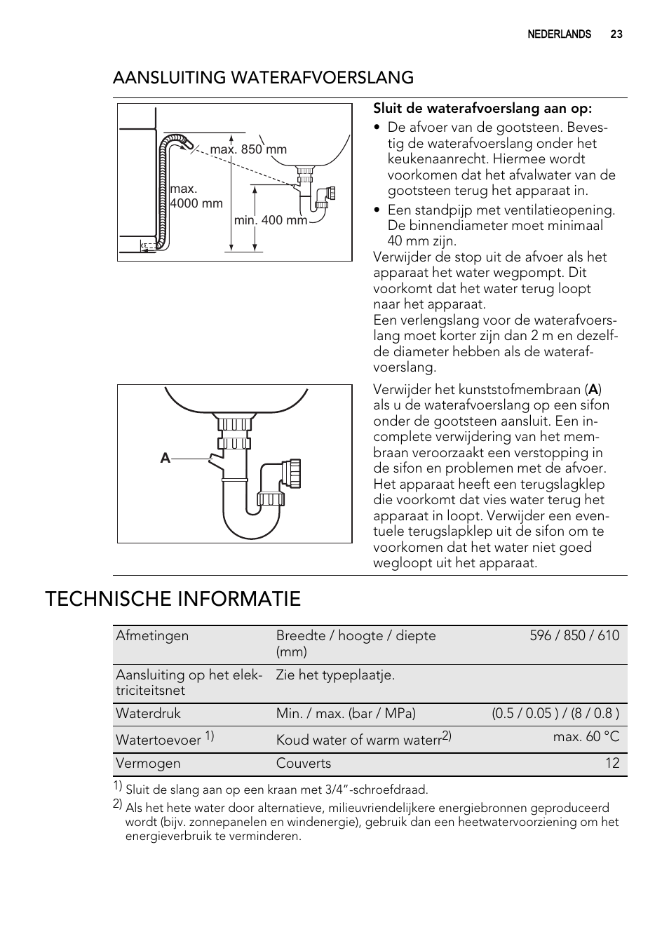 Technische informatie, Aansluiting waterafvoerslang | AEG F77012W0P User Manual | Page 23 / 92