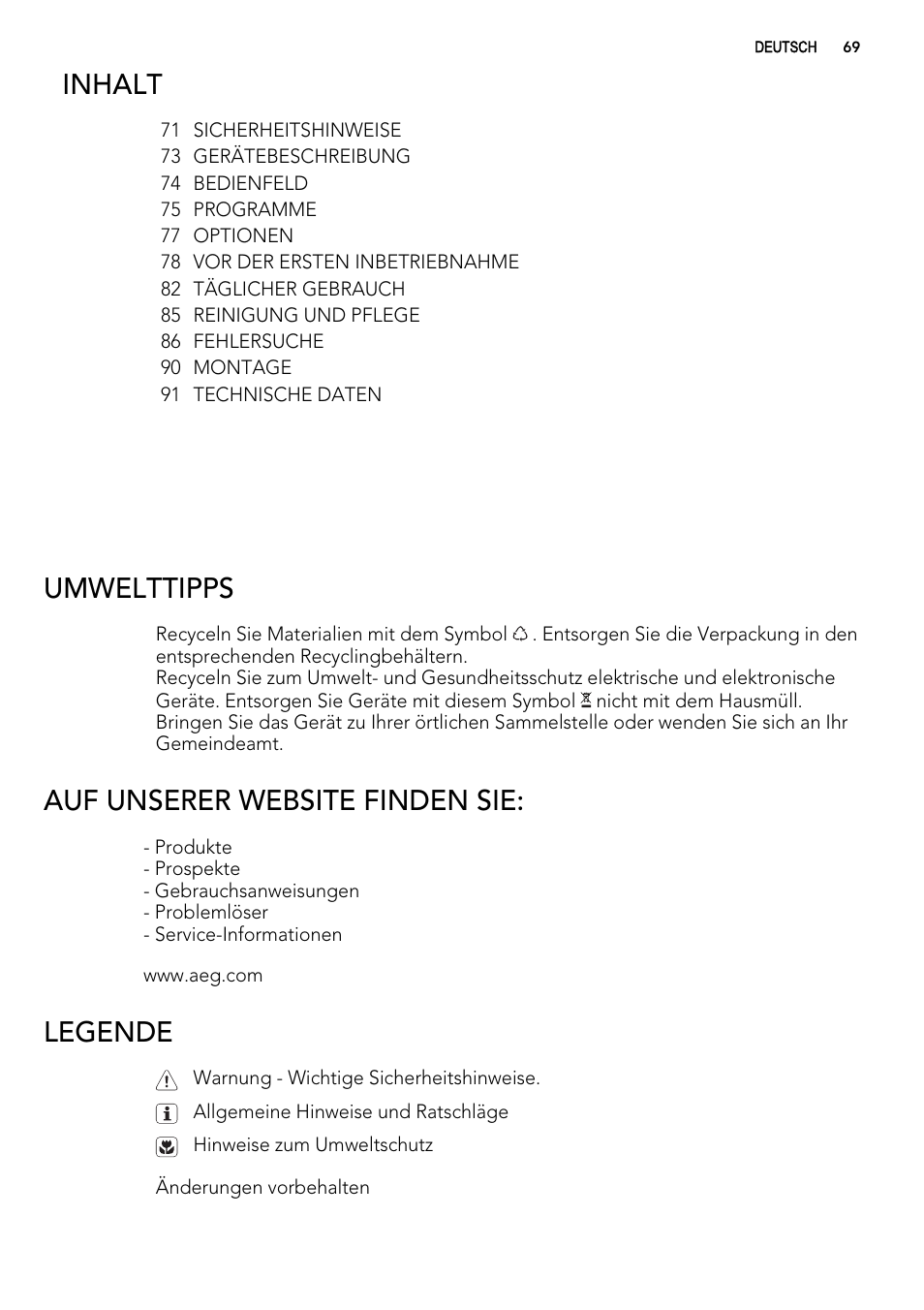 Inhalt, Umwelttipps, Auf unserer website finden sie | Legende | AEG F77012W0P User Manual | Page 69 / 92
