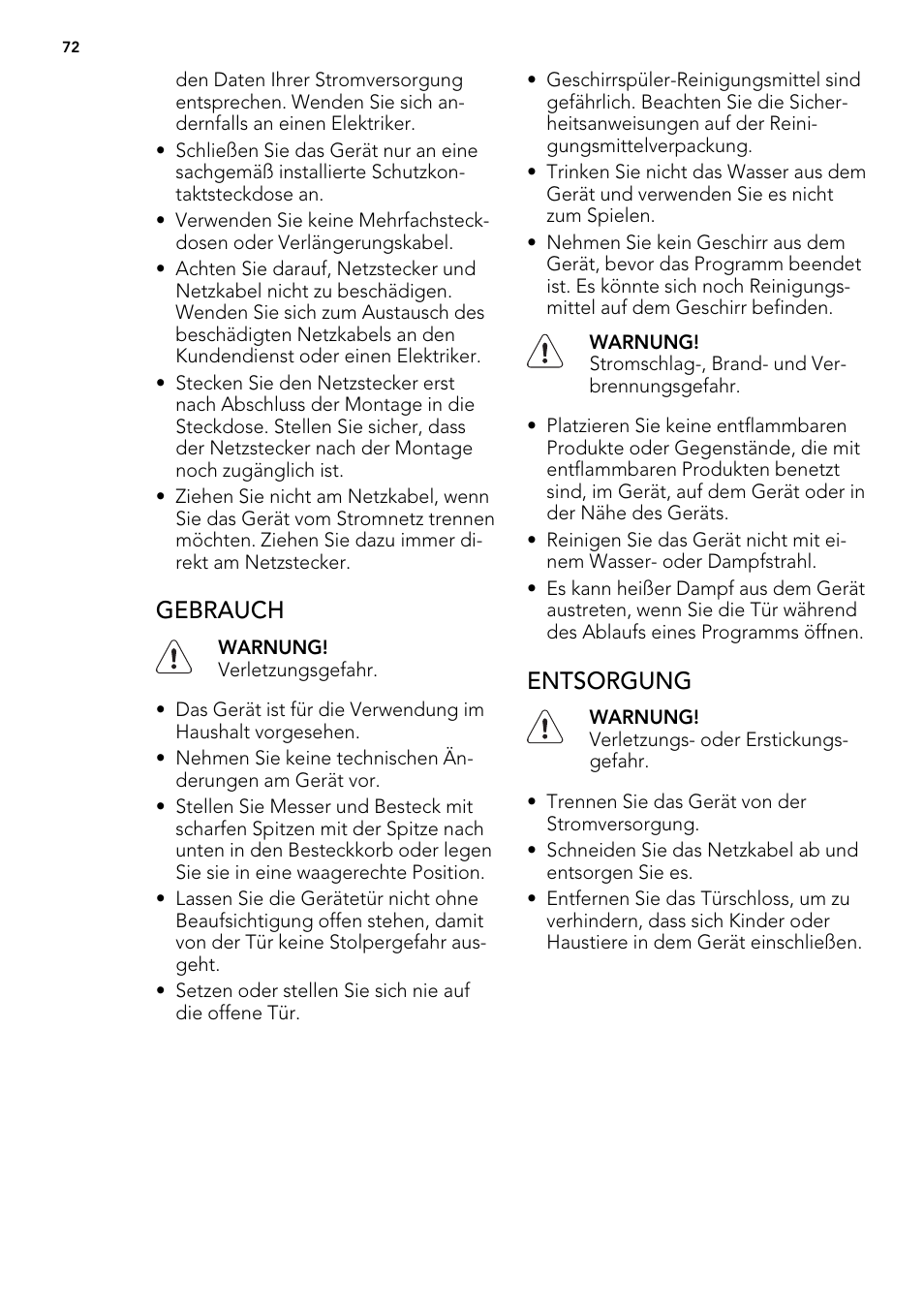 Gebrauch, Entsorgung | AEG F77012W0P User Manual | Page 72 / 92