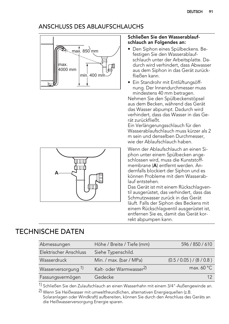 Technische daten, Anschluss des ablaufschlauchs | AEG F77012W0P User Manual | Page 91 / 92