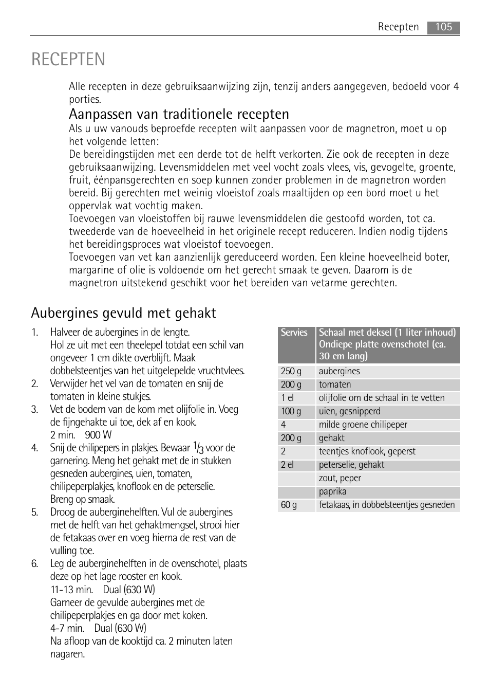 Recepten, Aanpassen van traditionele recepten, Aubergines gevuld met gehakt | AEG MC2665E-M User Manual | Page 105 / 228