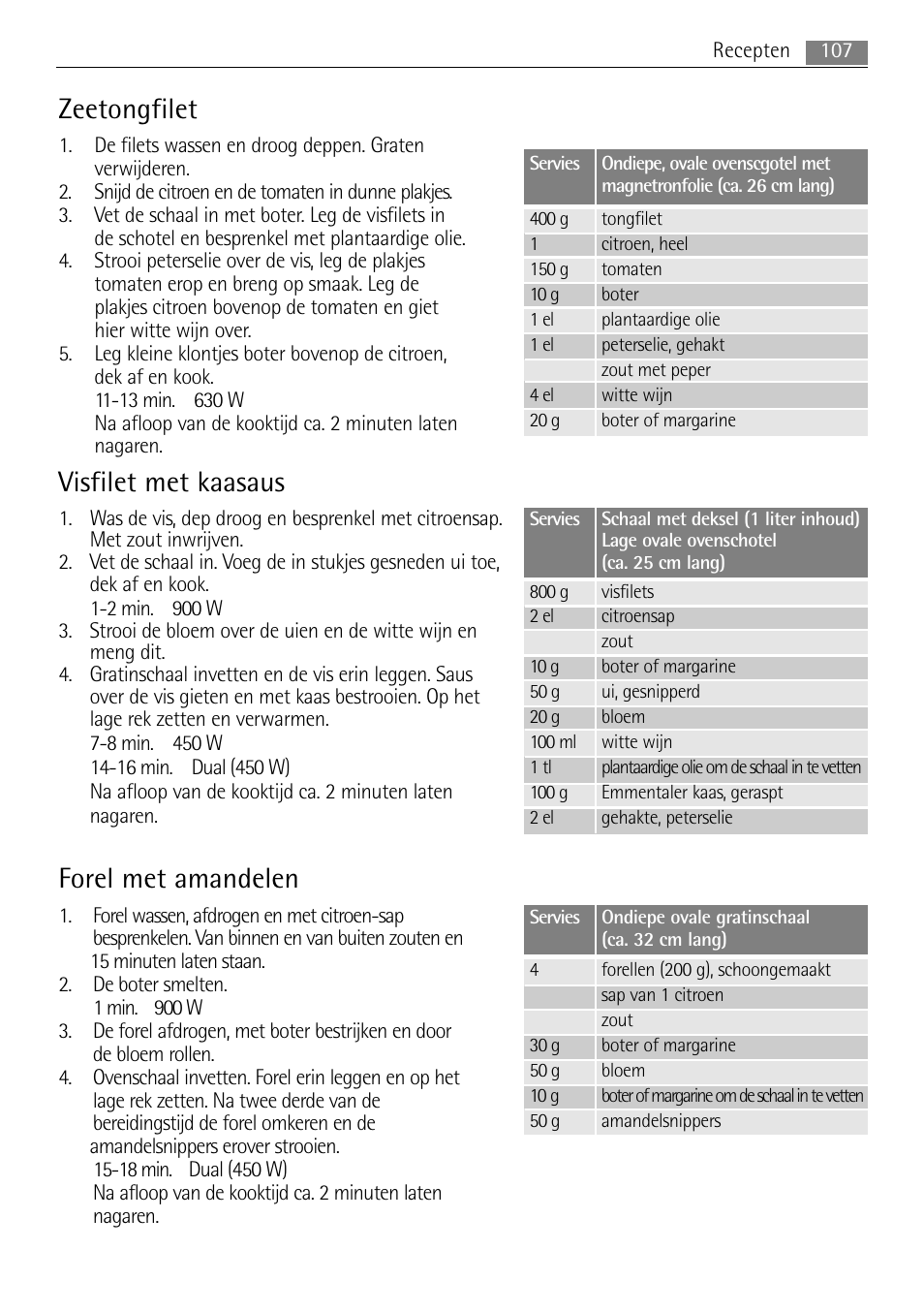 Zeetongfilet, Visfilet met kaasaus, Forel met amandelen | AEG MC2665E-M User Manual | Page 107 / 228