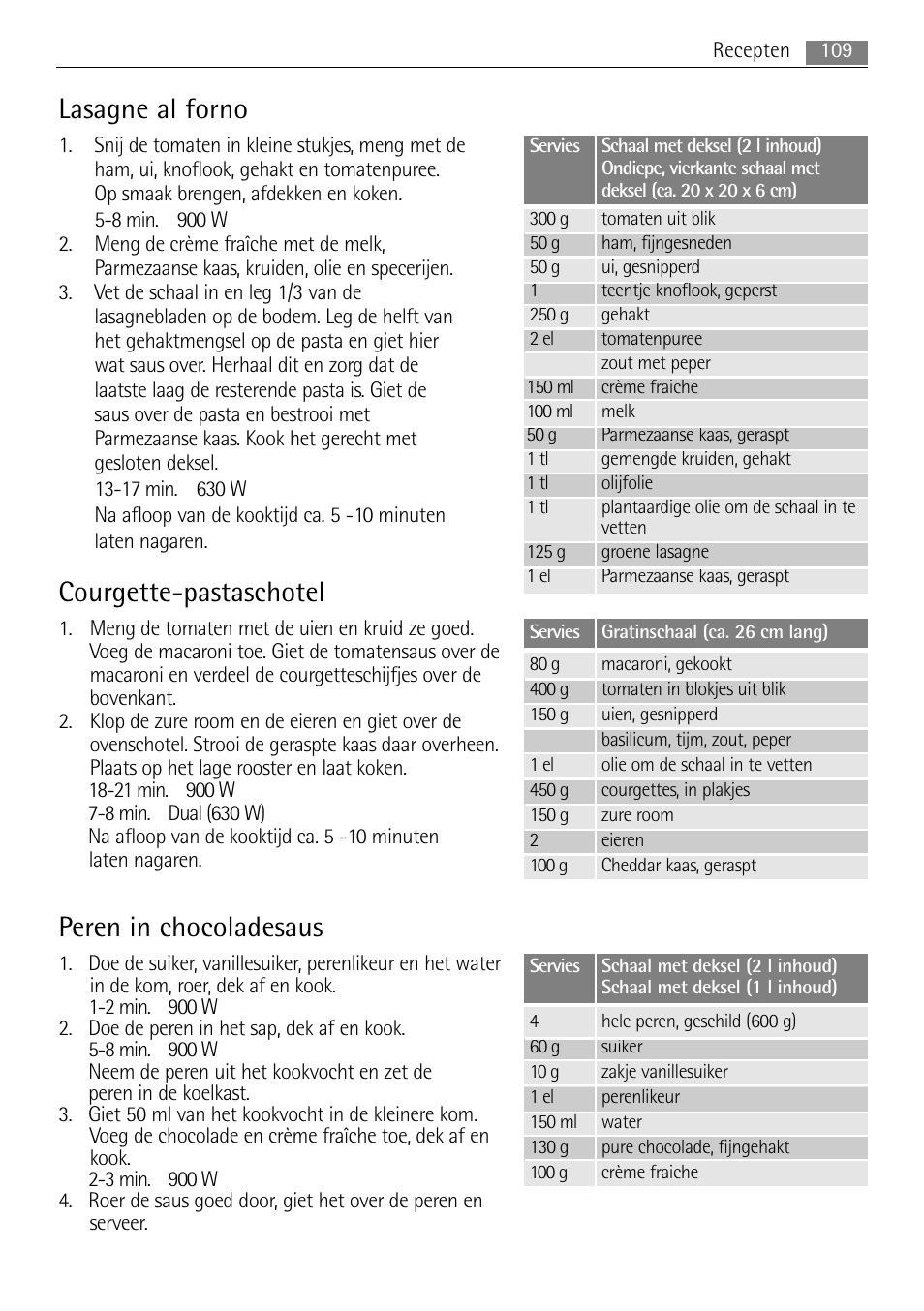 Courgette-pastaschotel, Peren in chocoladesaus, Lasagne al forno | AEG MC2665E-M User Manual | Page 109 / 228