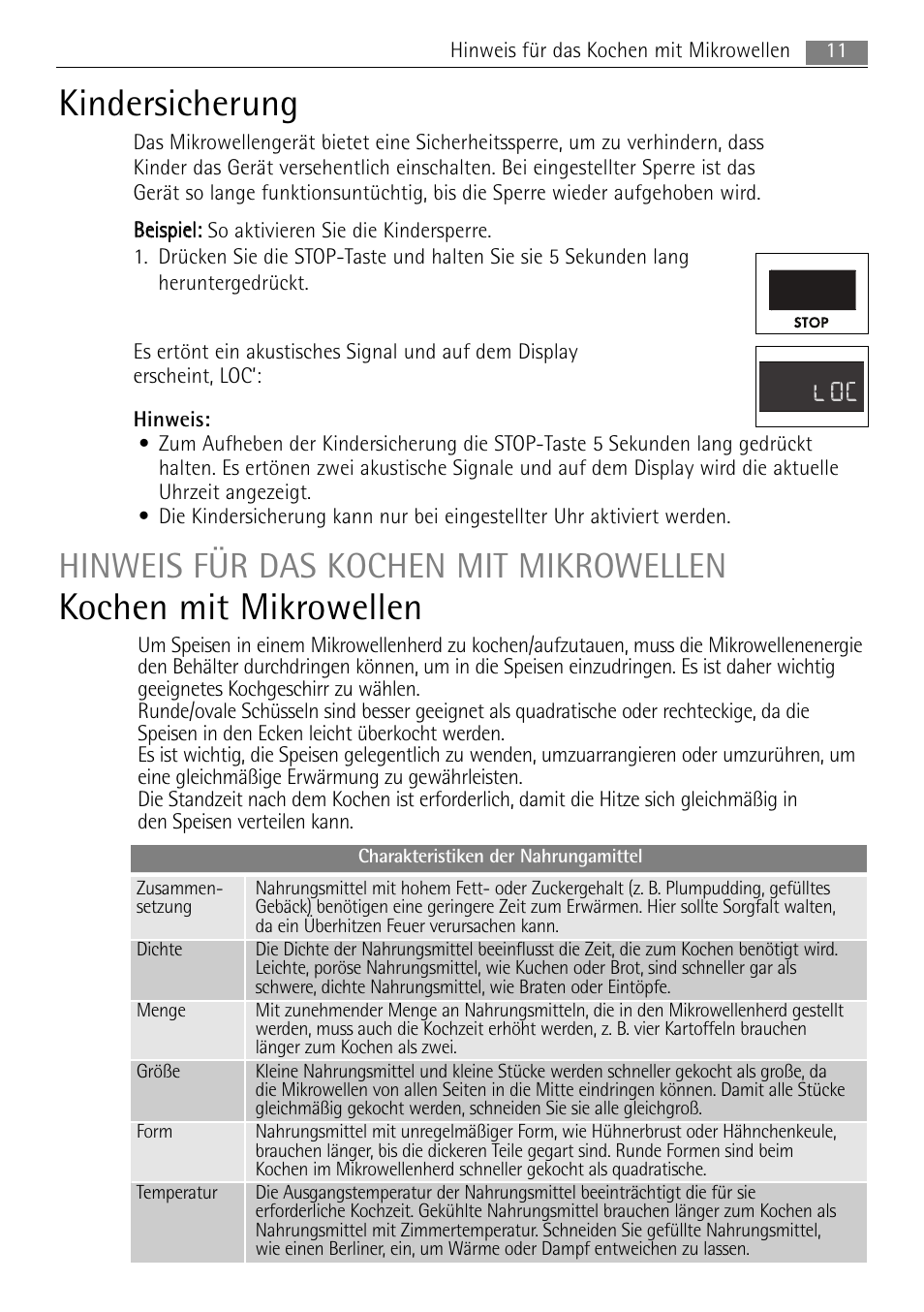 Kindersicherung, Kochen mit mikrowellen, Hinweis für das kochen mit mikrowellen | 11 hinweis für das kochen mit mikrowellen | AEG MC2665E-M User Manual | Page 11 / 228