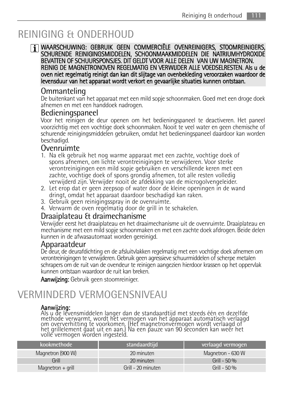 Reiniging & onderhoud verminderd vermogensniveau, Ommanteling, Bedieningspaneel | Ovenruimte, Draaiplateau & draimechanisme, Apparaatdeur | AEG MC2665E-M User Manual | Page 111 / 228