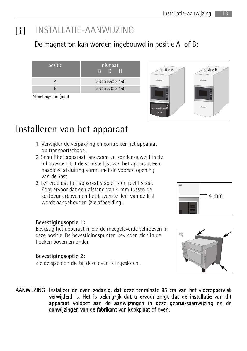 Installeren van het apparaat, Installatie-aanwijzing | AEG MC2665E-M User Manual | Page 113 / 228