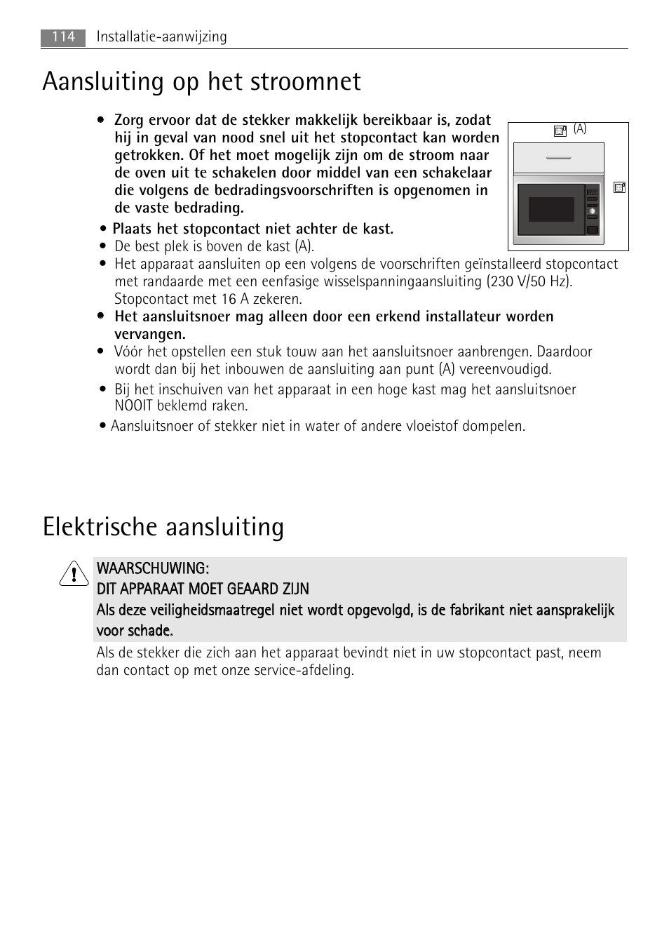 Aansluiting op het stroomnet, Elektrische aansluiting | AEG MC2665E-M User Manual | Page 114 / 228