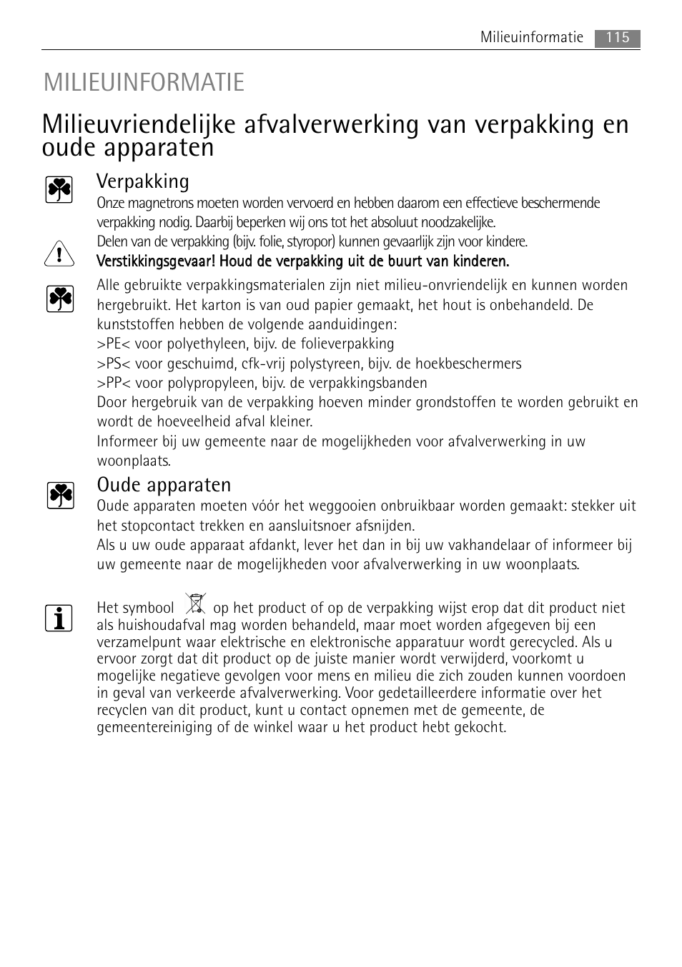 Milieuinformatie, Verpakking, Oude apparaten | AEG MC2665E-M User Manual | Page 115 / 228