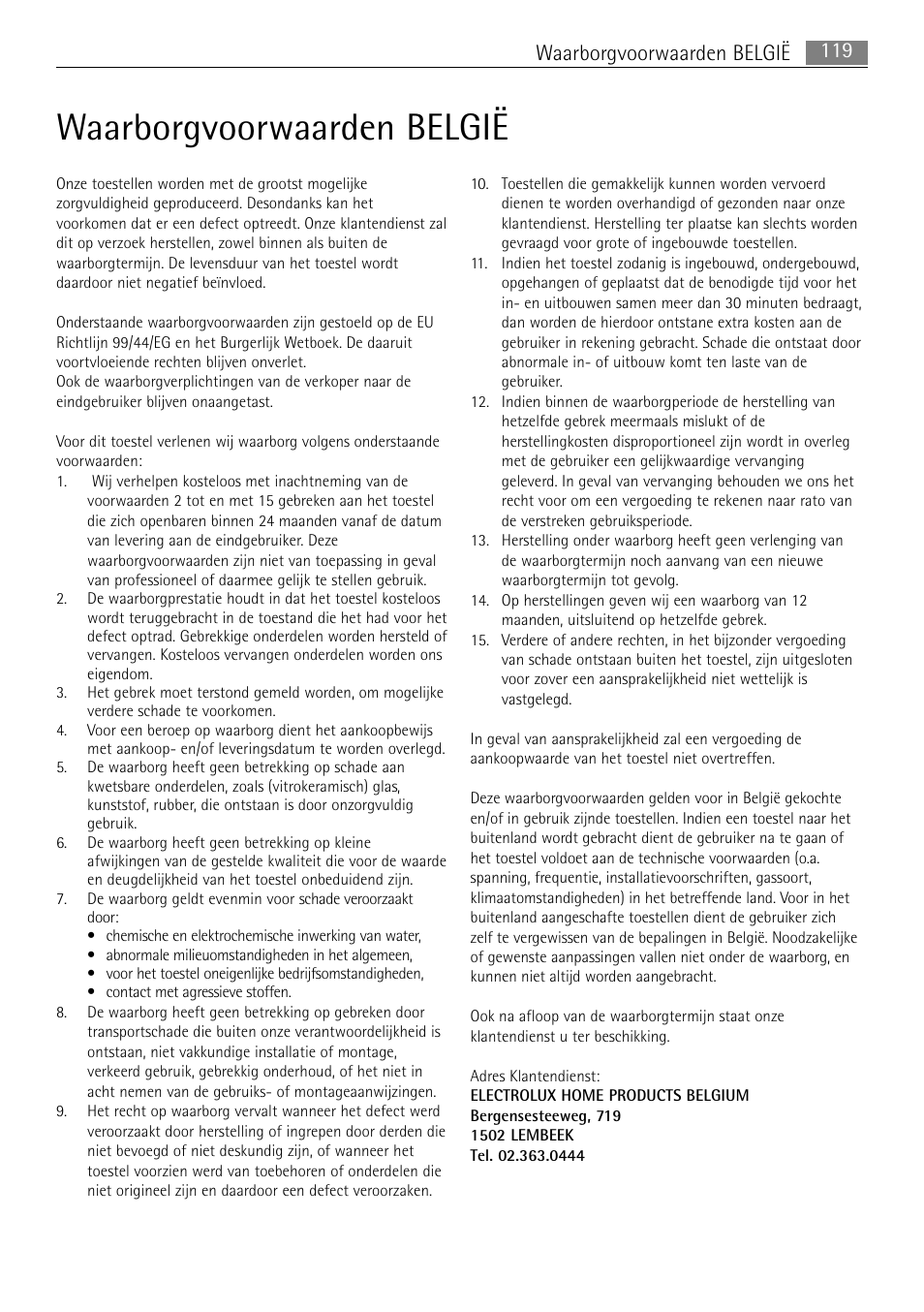 Waarborgvoorwaarden belgië, 119 waarborgvoorwaarden belgië | AEG MC2665E-M User Manual | Page 119 / 228