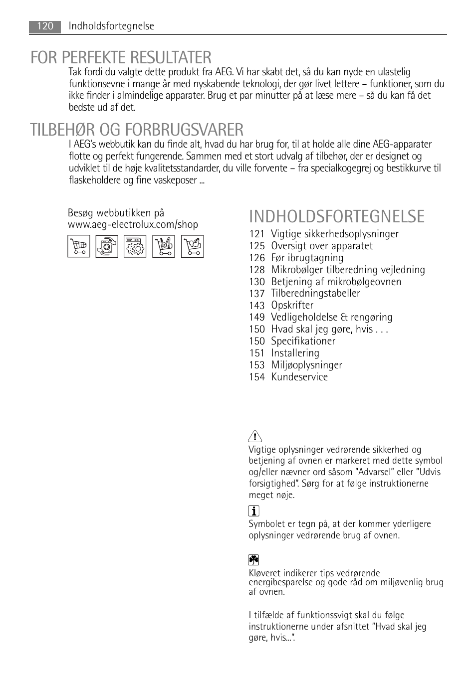 Danish mg_aeg guidelines-mg, For perfekte resultater, Tilbehør og forbrugsvarer | Indholdsfortegnelse | AEG MC2665E-M User Manual | Page 120 / 228