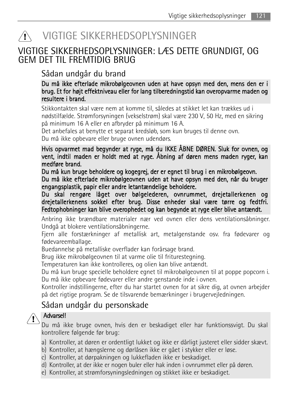 Vigtige sikkerhedsoplysninger, Sådan undgår du brand, Sådan undgår du personskade | AEG MC2665E-M User Manual | Page 121 / 228