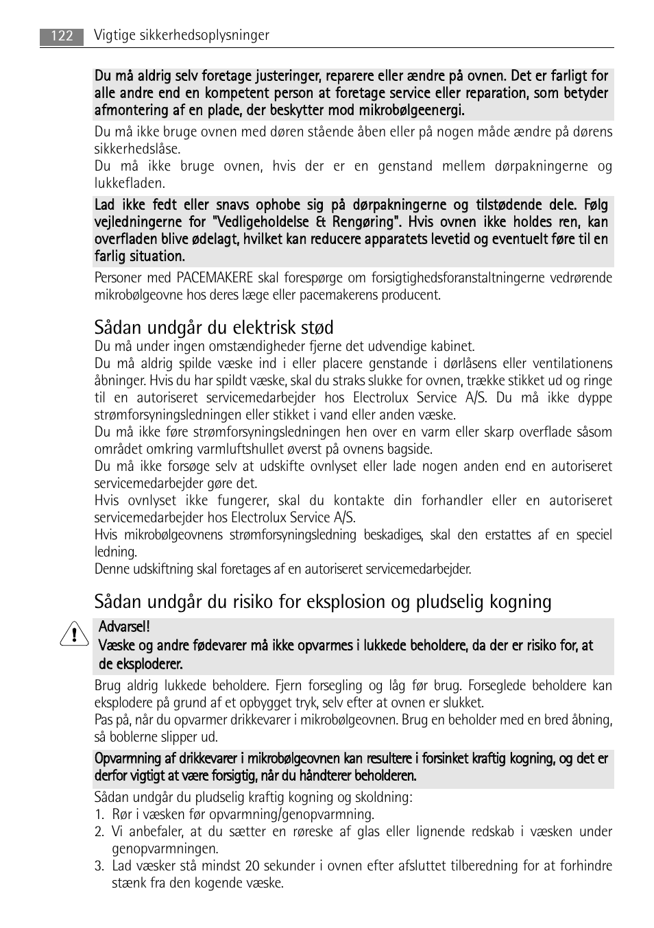 Sådan undgår du elektrisk stød | AEG MC2665E-M User Manual | Page 122 / 228