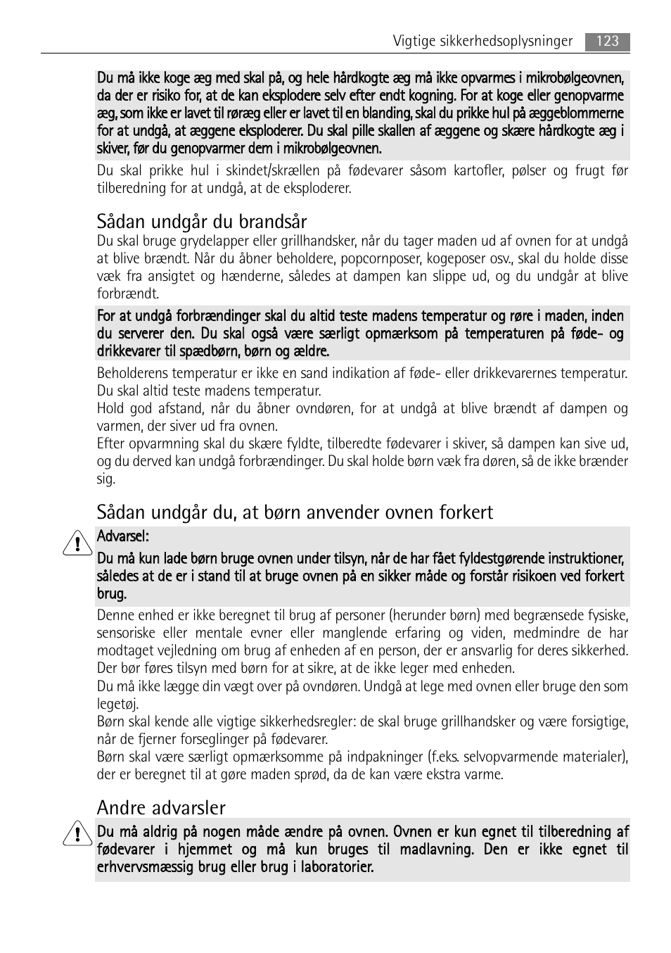 Sådan undgår du brandsår, Sådan undgår du, at børn anvender ovnen forkert, Andre advarsler | AEG MC2665E-M User Manual | Page 123 / 228