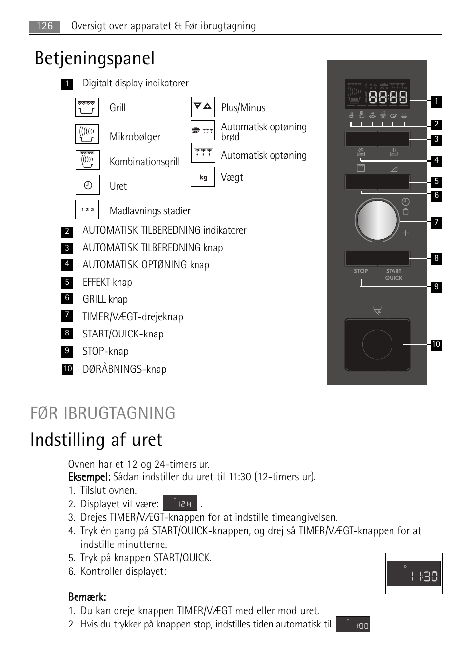 Betjeningspanel, Indstilling af uret, Før ibrugtagning | 126 oversigt over apparatet & før ibrugtagning | AEG MC2665E-M User Manual | Page 126 / 228