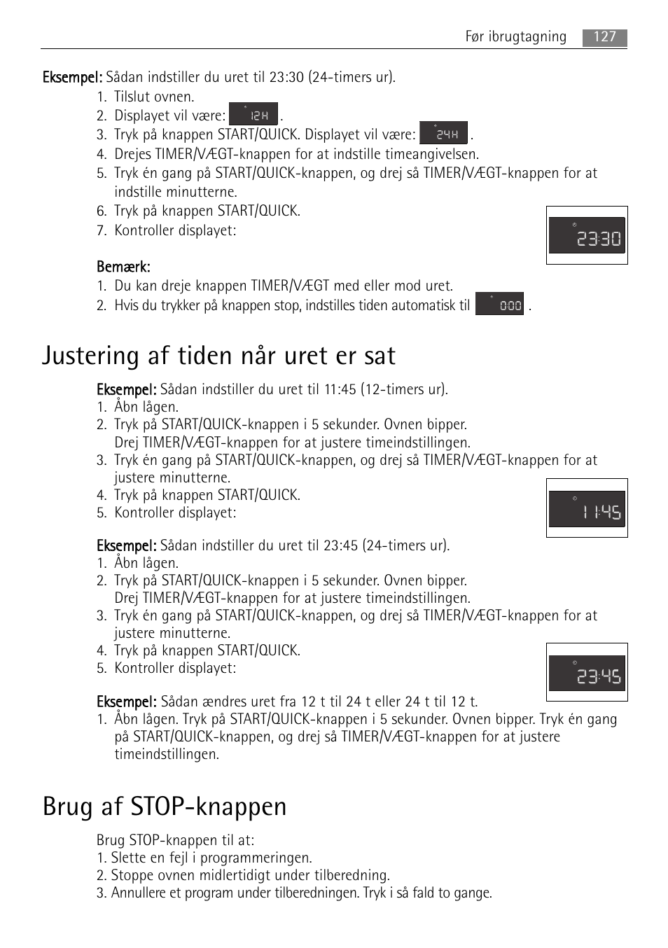 Justering af tiden når uret er sat, Brug af stop-knappen | AEG MC2665E-M User Manual | Page 127 / 228