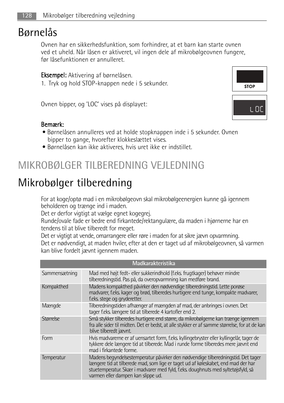 Børnelås, Mikrobølger tilberedning, Mikrobølger tilberedning vejledning | 128 mikrobølger tilberedning vejledning | AEG MC2665E-M User Manual | Page 128 / 228