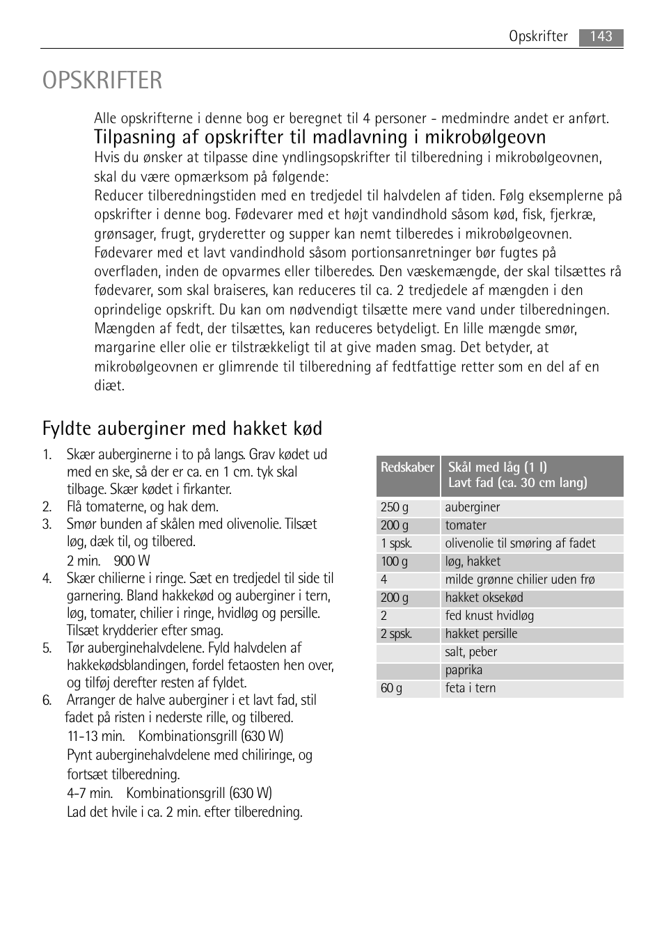 Opskrifter, Fyldte auberginer med hakket kød | AEG MC2665E-M User Manual | Page 143 / 228