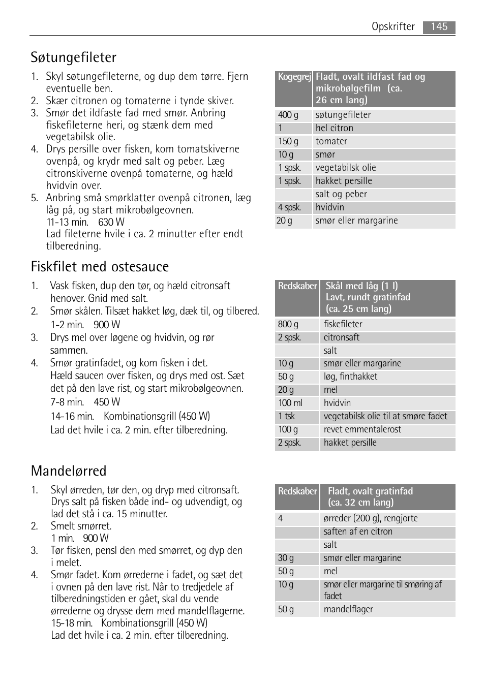 Søtungefileter, Fiskfilet med ostesauce, Mandelørred | AEG MC2665E-M User Manual | Page 145 / 228