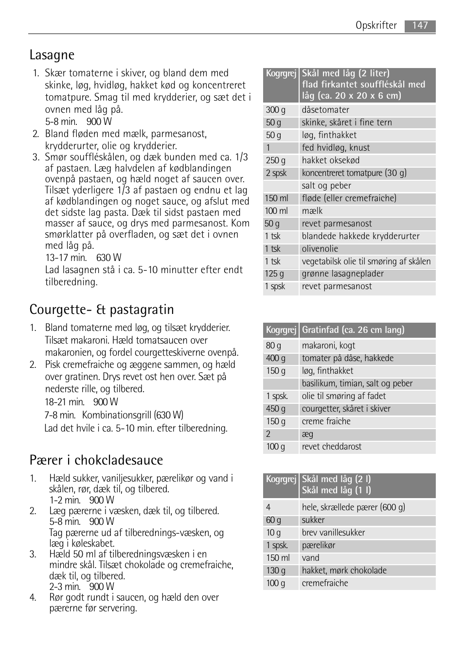 Lasagne, Courgette- & pastagratin, Pærer i chokcladesauce | AEG MC2665E-M User Manual | Page 147 / 228