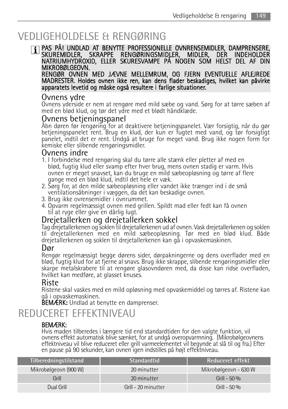 Vedligeholdelse & rengøring, Reduceret effektniveau, Ovnens ydre | Ovnens betjeningspanel, Ovnens indre, Drejetallerken og drejetallerken sokkel, Riste | AEG MC2665E-M User Manual | Page 149 / 228