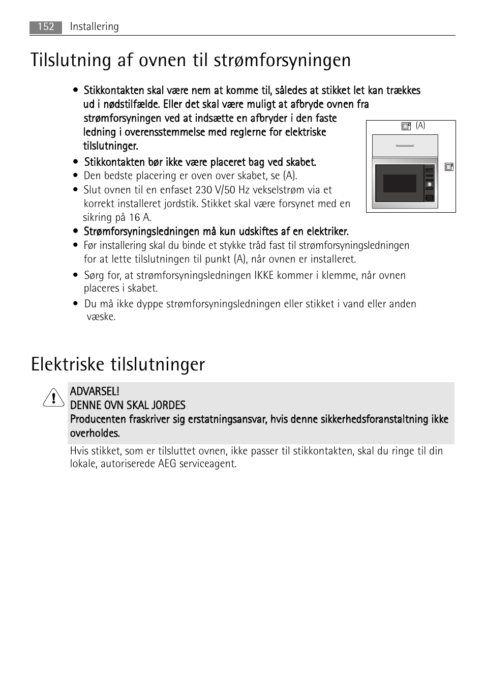 Tilslutning af ovnen til strømforsyningen, Elektriske tilslutninger | AEG MC2665E-M User Manual | Page 152 / 228