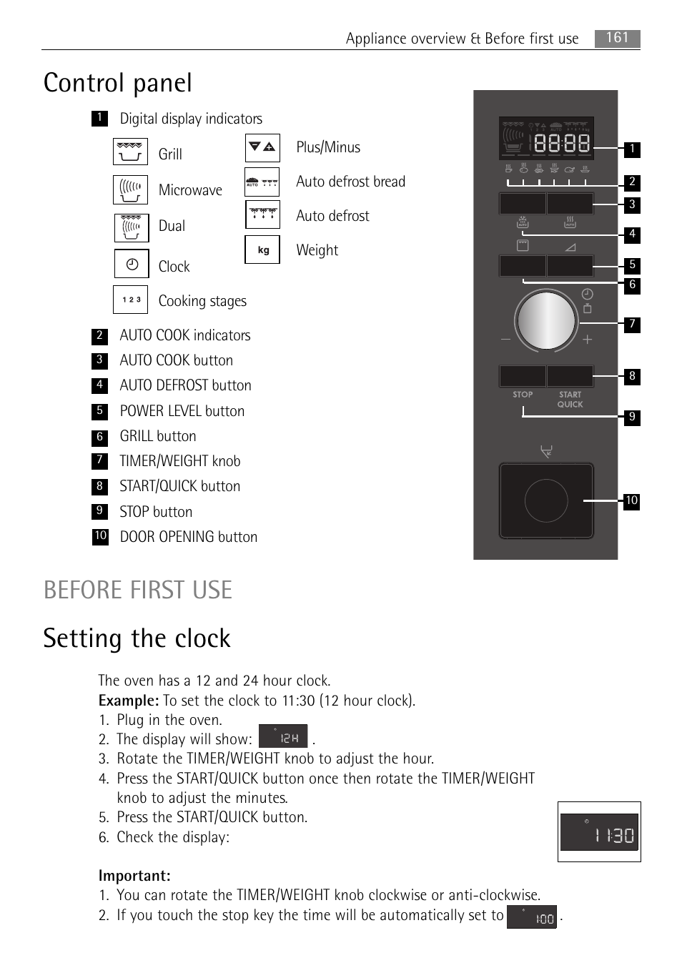 Control panel, Setting the clock, Before first use | 161 appliance overview & before first use | AEG MC2665E-M User Manual | Page 161 / 228