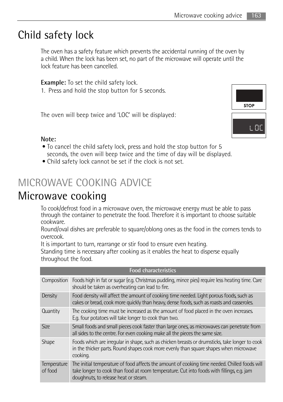 Child safety lock, Microwave cooking, Microwave cooking advice | 163 microwave cooking advice | AEG MC2665E-M User Manual | Page 163 / 228