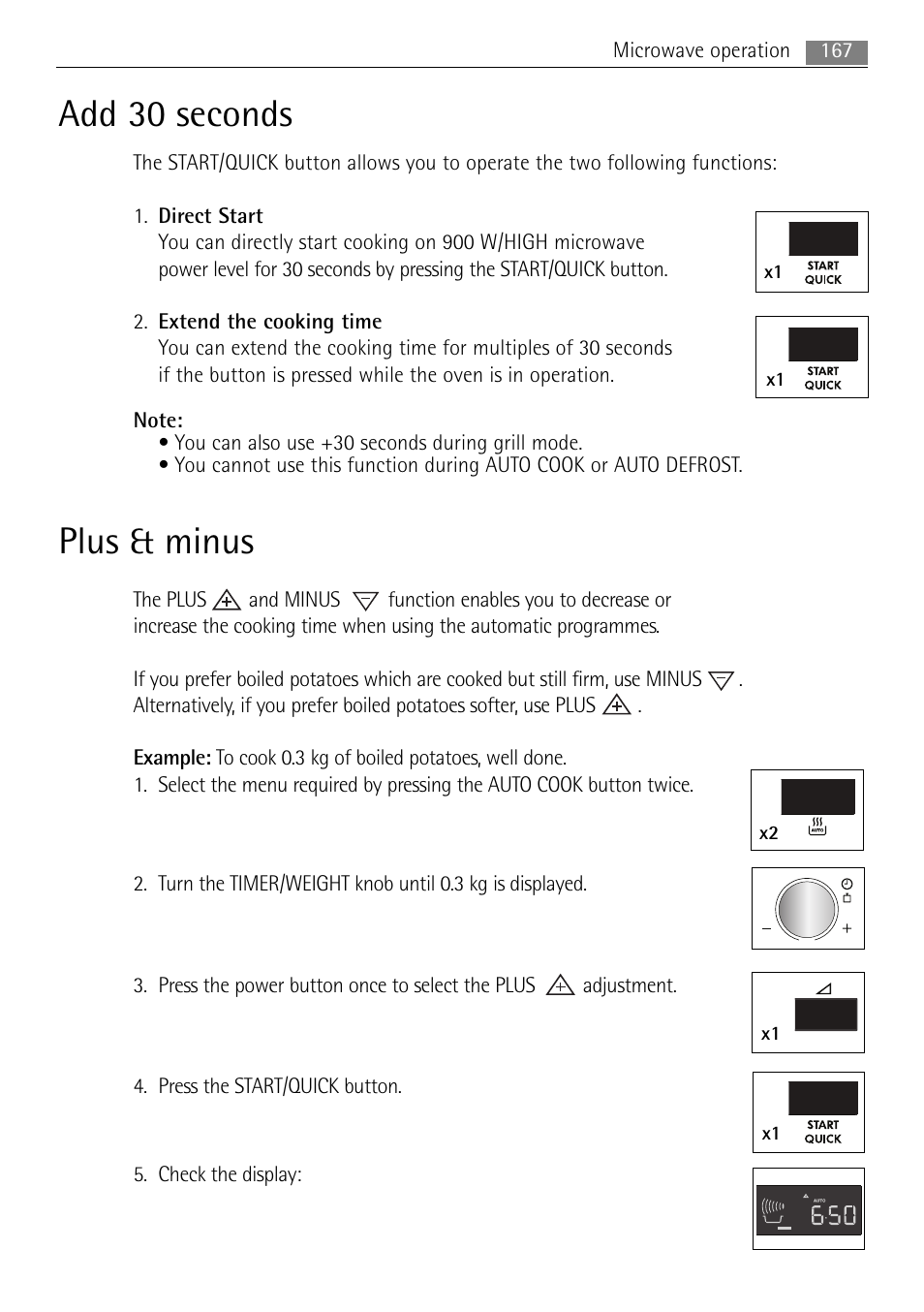 Add 30 seconds, Plus & minus, 167 microwave operation | X1 x2 x1 x1 | AEG MC2665E-M User Manual | Page 167 / 228